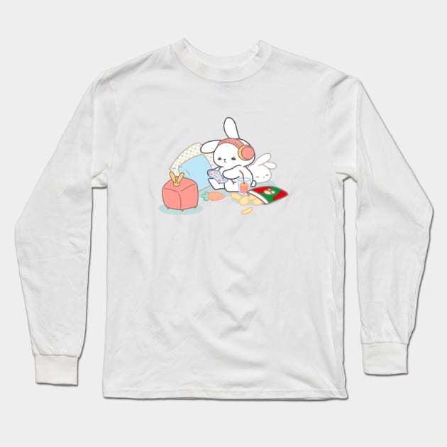 cute bunny playing video games Long Sleeve T-Shirt by LoppiTokki